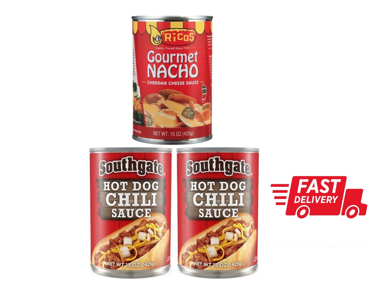 SOUTHGATE Hot Dog Chili Sauce 2 cans 1 Ricos Gourmet Nacho Cheese 15 oz