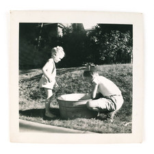 Metal Basin  Propeller Beanie Snapshot 1940s Children At Play in Yard C3958