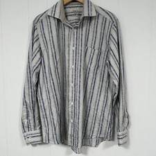 Bugatchi Uomo Shaped Fit Shirt Mens Large Blue Striped Spread Collar 100 Cotton