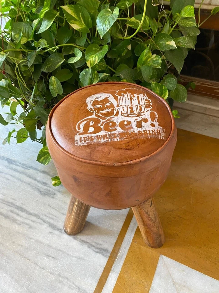 Vintage Leather Ottoman Stool, Dining Kitchen Pub Foot Stool, Modern Bar Stools - Image 4 of 4