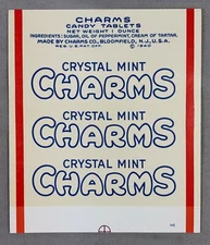 1942 Crystal MINT CHARMS CANDY Tablets Wrapper Label Vintage Advertising