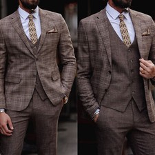 Mens Plaid Formal Suits Slim Fit 3 Pieces Groom Wedding Single Breasted Suits