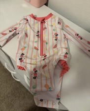 Disney Minnie Mouse Long Sleeve Striped One Piece Swimsuit with Zipper & Ruffle