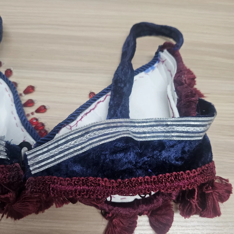 Sujetador con borlas de terciopelo Top Jóvenes Niñas Una Copa S Azul Granate Cuentas Rave Festival Fiesta Foto 3 de 4