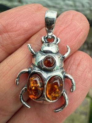 Skarabäus Beatle Bernstein Anhänger Kristall Fossil 925 Silber Litauisch echt 2,7g