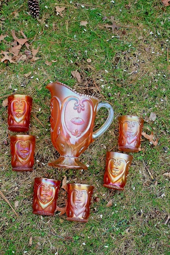 ANTIQUE DUGAN JEWELED HEART CARNIVAL GLASS 7 PIECE WATER SET - MARIGOLD - RARE