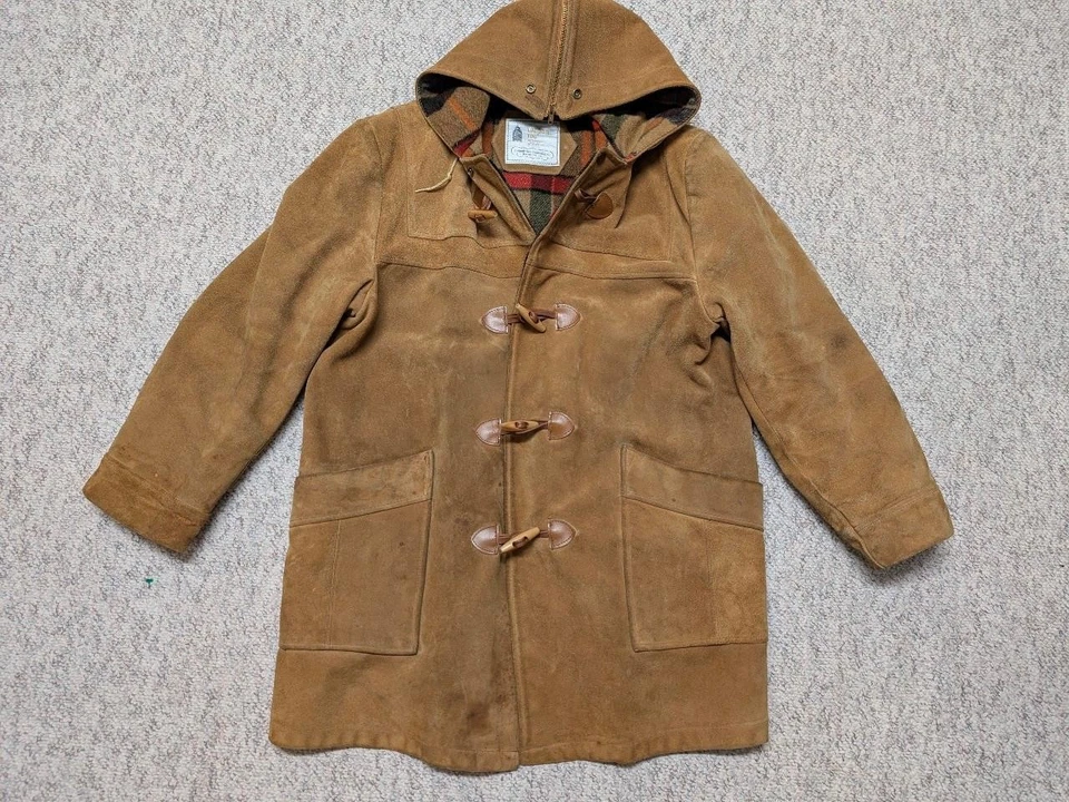 vintage DUFFLE COAT leather COWHIDE split suede 42 brown HOODED wool lined M - Image 3 of 4
