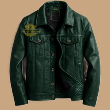 Men Leather Jacket | Trucker Jacket | Genuine Green Leather Vintage Style Jacket