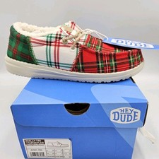 New Box Hey Dude Wally Tri Y Tartan Plaid Big Kid Size 2 Slip-On Shoes 43581-78Q