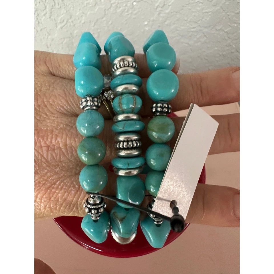 Chico's Faux Turquoise Beaded Stretch Bracelet Set Silver Tone Boho NWT - Image 3 of 4