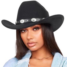 Felt Black Cowboy Hat for Women Men, Classic Fedora Country Rolled Wide Brim ...