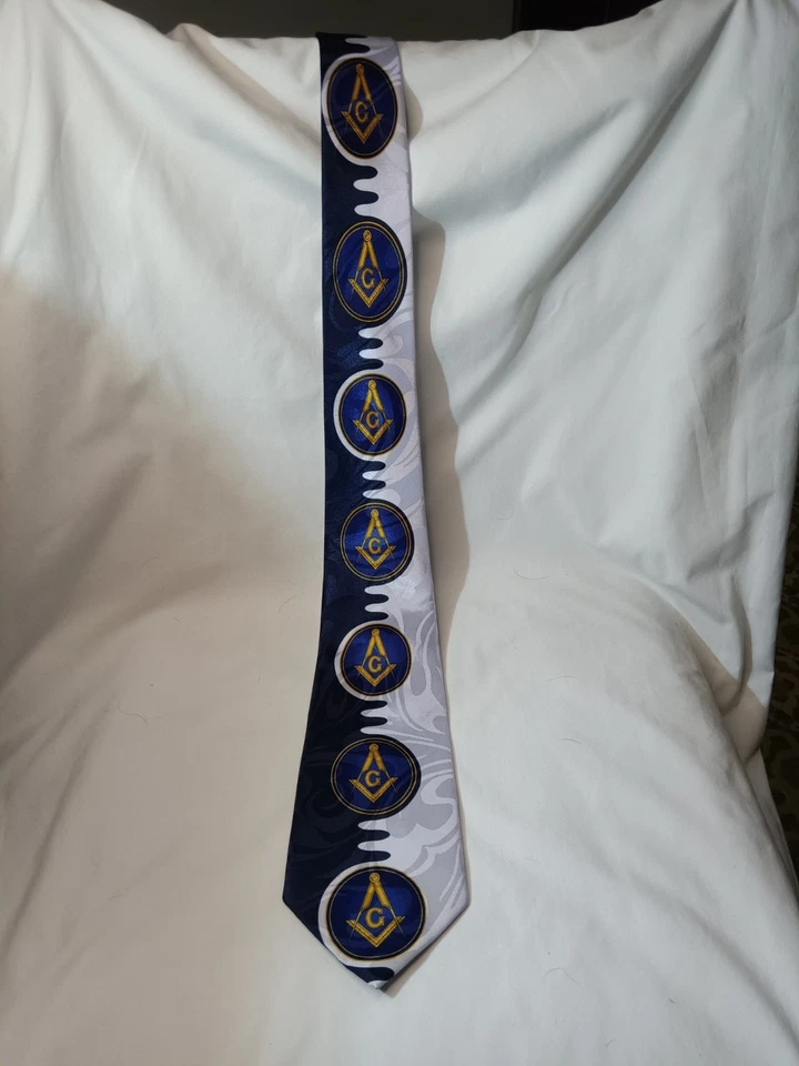 Freemason Masonic "G" Necktie by Steven Harris. Navy, White, Gray, Gold, Yellow - Image 1 of 4