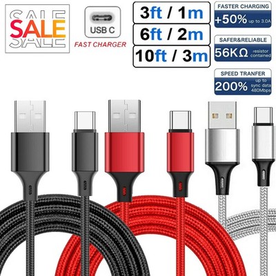 3/6/10FT Fast Charger Type C USB-C Cable Cord For Samsung Android LG Charger