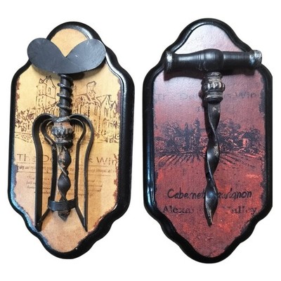 Vintage Style Wine Corkscrew Wall Plaque Set Rustic Vineyard Bar Decor 9.5x 5.5