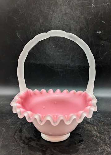 Vintage Fenton Peach Crest Art Glass Basket W/ Satin Handle 7" Pink White