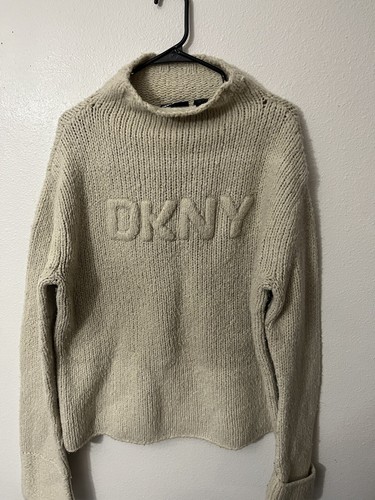 DKNY Beige Brown Acrylic wool Turtleneck Sweater XL Vintage Y2K Turtleneck - Picture 2 of 6