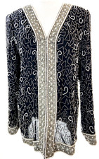 LAURENCE KAZAR Women's Sequin Beaded Silk Open Jacket Pearl Vintage Gatsby Large