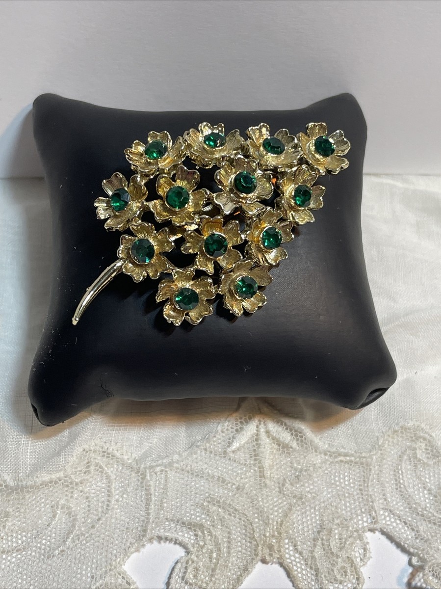Vintage Gold Tone Green Rhinestone Flower Brooch Pin Jewelry Vintage Gold Tone Green Rhinestone Flower Brooch Pin Jewelry