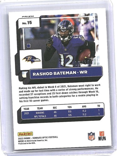 Rashod Bateman 2022 Donruss Optic Premium #15 Silver Wave Prizm /300 Ravens - Picture 2 of 2