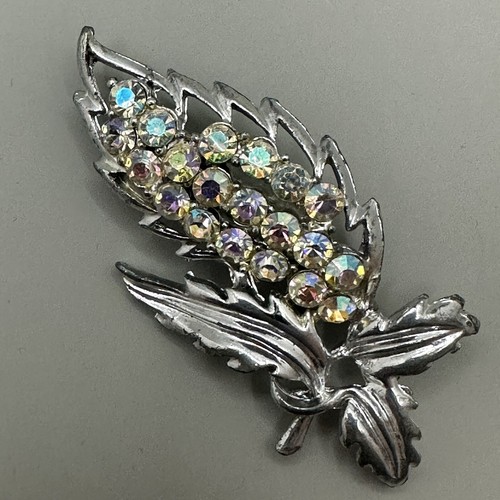leaf pin AB crystals brooch vintage MCM Fashion art deco Silver Tone - Picture 16 of 16