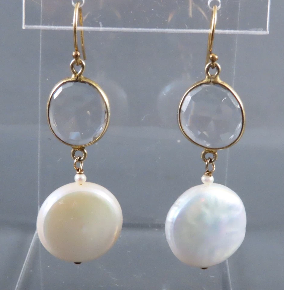 Pendientes colgantes RELLENOS DE ORO 14K GF CUARZO ROCA Y MONEDAS BLANQUECINAS PERLAS Biseles Foto 2 de 4