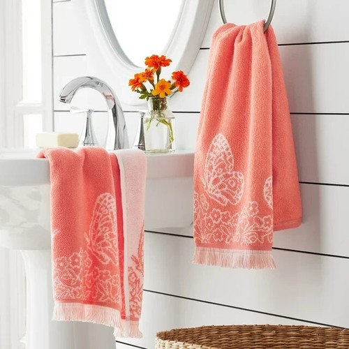 Pioneer Woman Hand Towel Butterfly Garden 2pc Set Coral Bell 100% Cotton 16"x28" - 第 5/5 張圖片