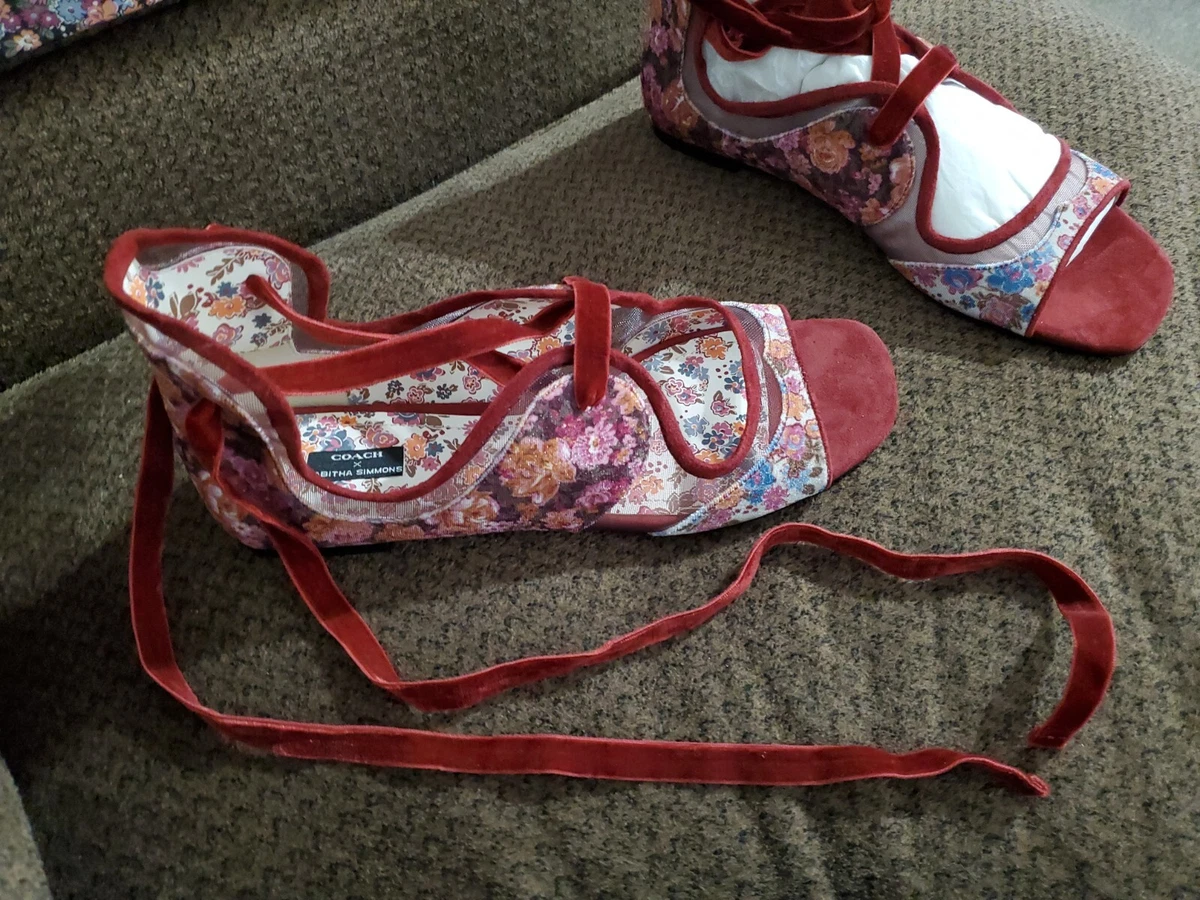 COACH x Tabitha Simmons Liza Cranberry Velvet Floral Ankle Tie