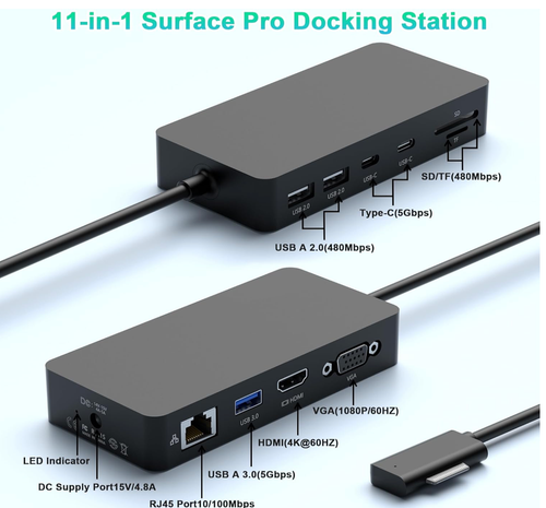 Dock Triple Display (4K HDMI +VGA), 11 in 1 Surface Pro Docking Station