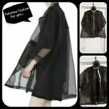 Chic Black Stand Collar 3/4 Sleeve Zip Organza Large Pockets Loose Jacket Sl