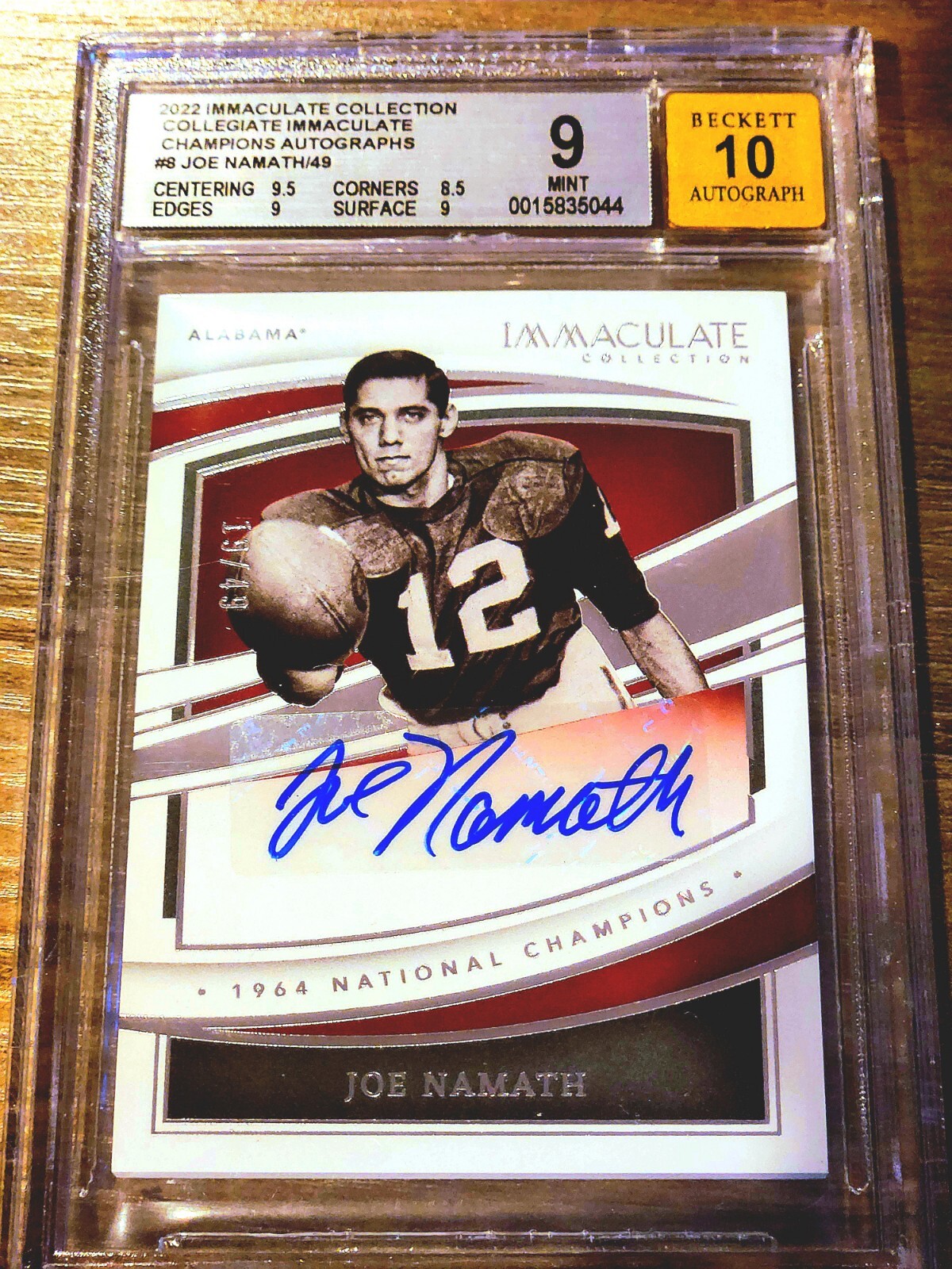 JOE NAMATH Autographed Signed Alabama Crimson Tide 2022 IMMACULATE COLLECTION AUTO /49 BGS 9 