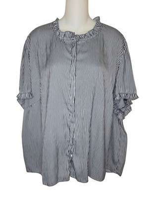 T Tahari Women's 3X Striped Ruffle-Neck Blouse Black White Button-Down Top
