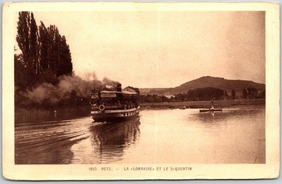La Lorraine and Le St Quentin Boat on Water Metz France Sepia Unposted Postcard