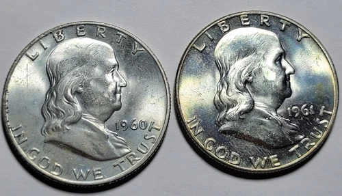 1960-D 1961-D FRANKLIN Half Dollar 50c Cents 90% Silver 2-COIN Lot Hi Grade BUnc