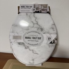 Standard Round 17" Molded Wood White Marble Toilet Seat - All Hardware Included