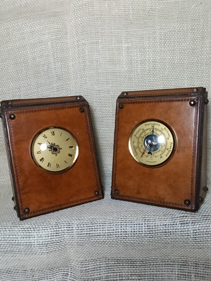 A full Italian leather desk set with a working wind-up clock AND barometer — the kind of executive flex that belongs in a Milanese law office circa 1965.