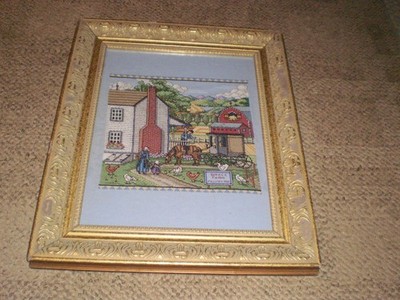 Very fine needle point of Grace Farm w/detailed mom, daughter, dad, chickens