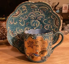 Vintage Ardalt Lenwile Moriage Demitasse Cup & Saucer hand painted Japanese Blue