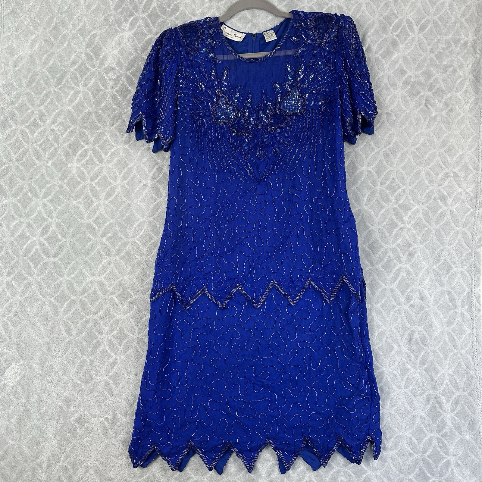 Vtg Laurence Kazar Dress Large Blue 100% Silk Sequin Bead Cocktail Party Flapper