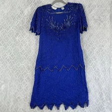Vtg Laurence Kazar Dress Large Blue 100% Silk Sequin Bead Cocktail Party Flapper