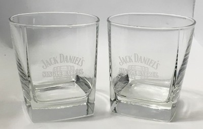 Pair Etched Jack Daniels Single Barrel Whiskey Low Ball Rocks Glasses