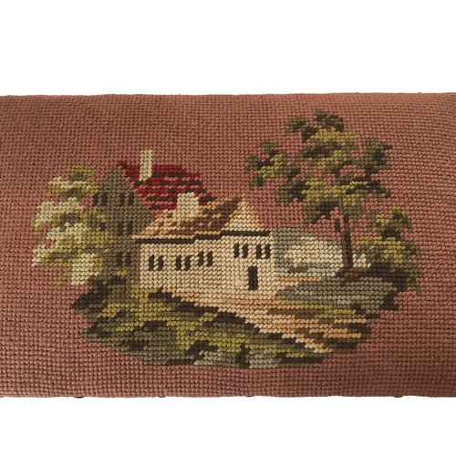 Hand Needlepoint Footstool Ottoman Wooden Foot Rest Country House Needs TLC - Picture 2 of 7