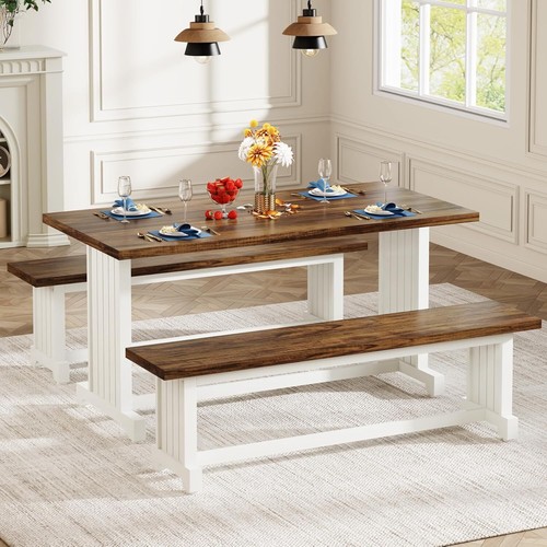 47" Dining Table Set for 4 3-Piece Kitchen Room Table with 2 Benches