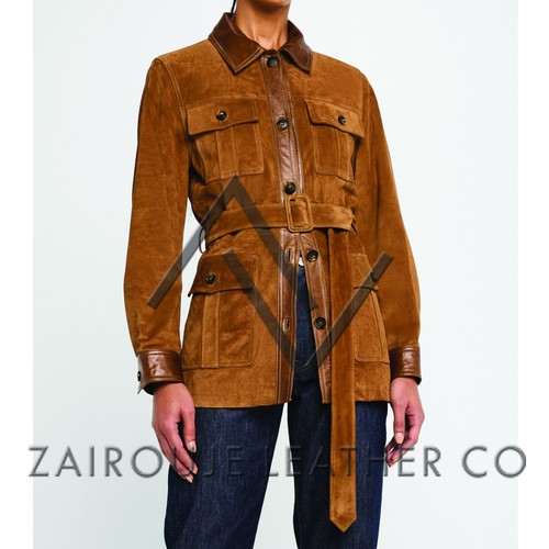 Suede Jacket Women Belted Tan Coat - Long Utility Style Real Leather Trim - Foto 3 di 10