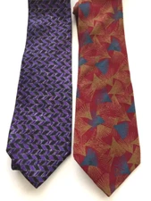 LOT 2 mens neckties Geoffrey Beene SILK purple geometric red gold fans USA made
