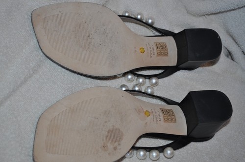 Sandalias Stuart Weitzman Goldie Cuero Genuino Perla Tacón Embellecido Negras 9,5 - Imagen 4 de 7