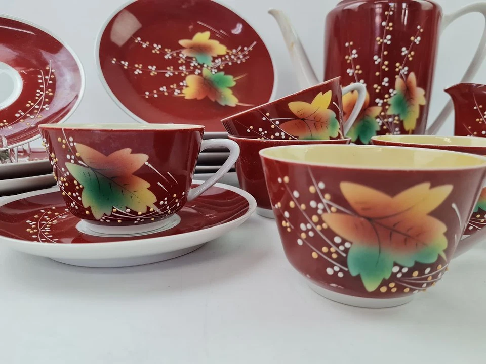 Kaffee Service Krüger Geiersthal Porzellan Herbstblätter weinrot #244109 - Bild 3 von 4