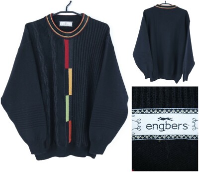 Mens Jumper XL Size ENGBERS Black Striped Wool Pullover