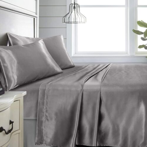 Ensemble de draps de lit King taille 4 pièces poche soyeuse lisse satin profonde X002YMM88F - Photo 1 sur 6