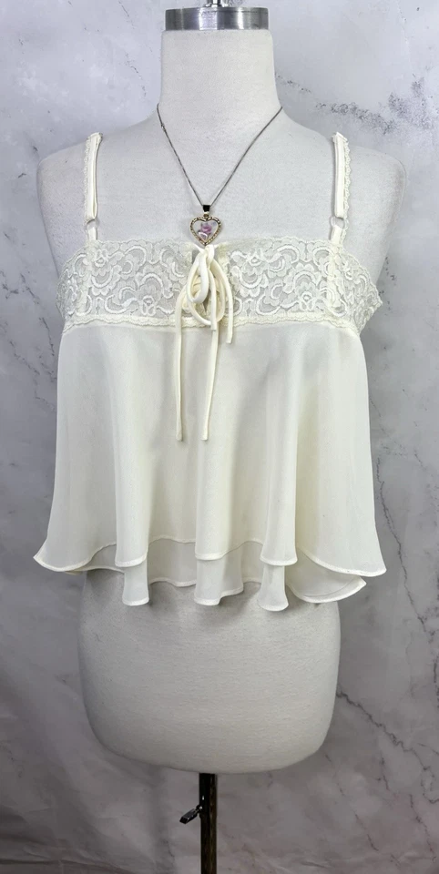 Y2K Vtg Babydoll Top Blouse M Coquette Feminine White Lace double Lined Angel - Image 2 of 4