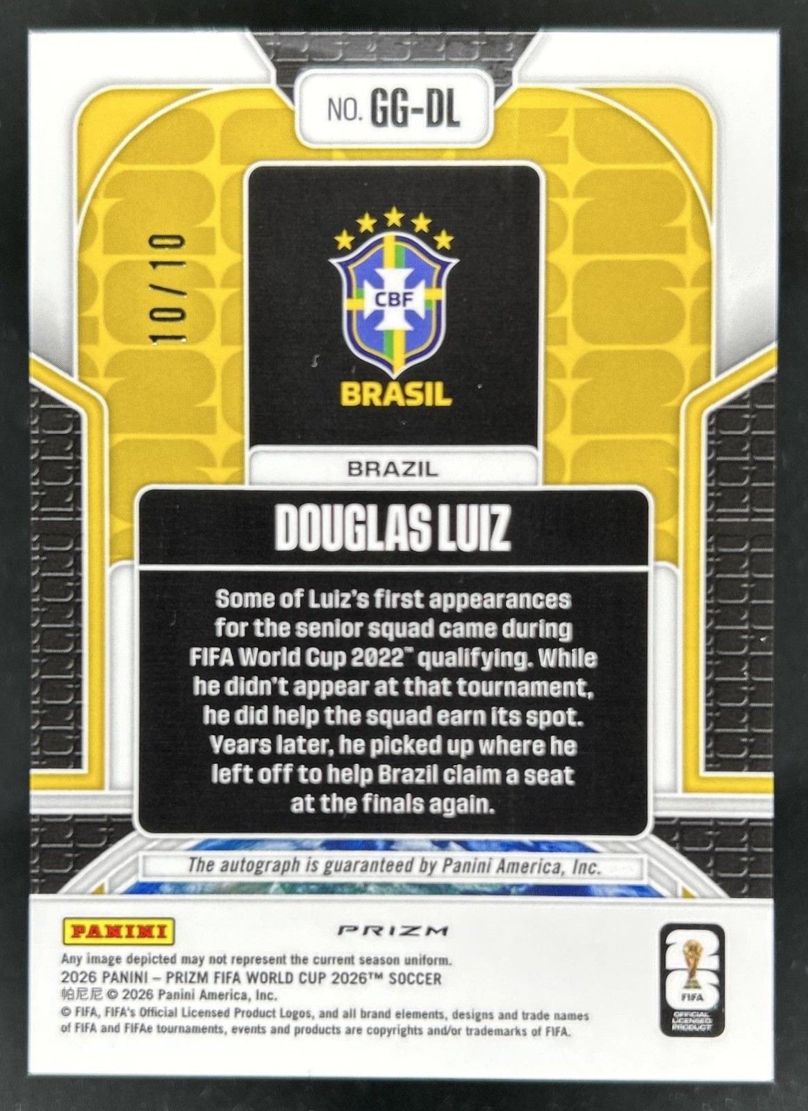 2026 Panini Prizm World Cup Douglas Luiz Global Graphs Silver Auto #/10 Brazil view 2